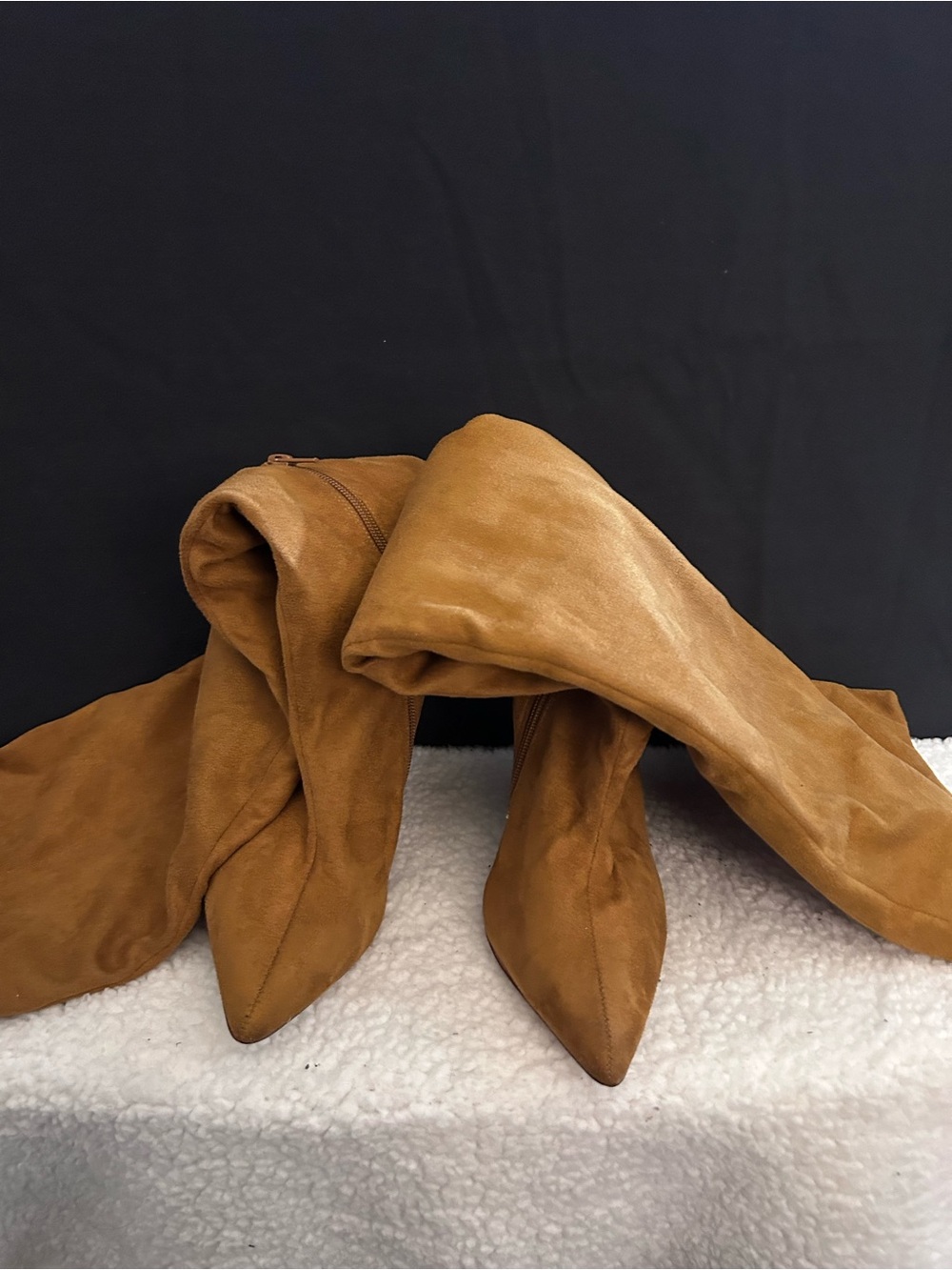 Suede Pointed-Toe Over-the-Knee Boots in Cognac